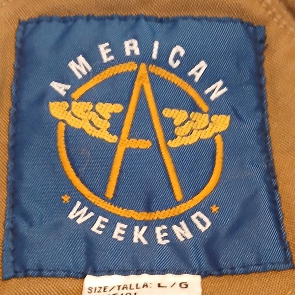 American Weekend Mens Bomber Coat Size L Tan Corduroy Contrast Insulated Chore - Picture 7 of 10